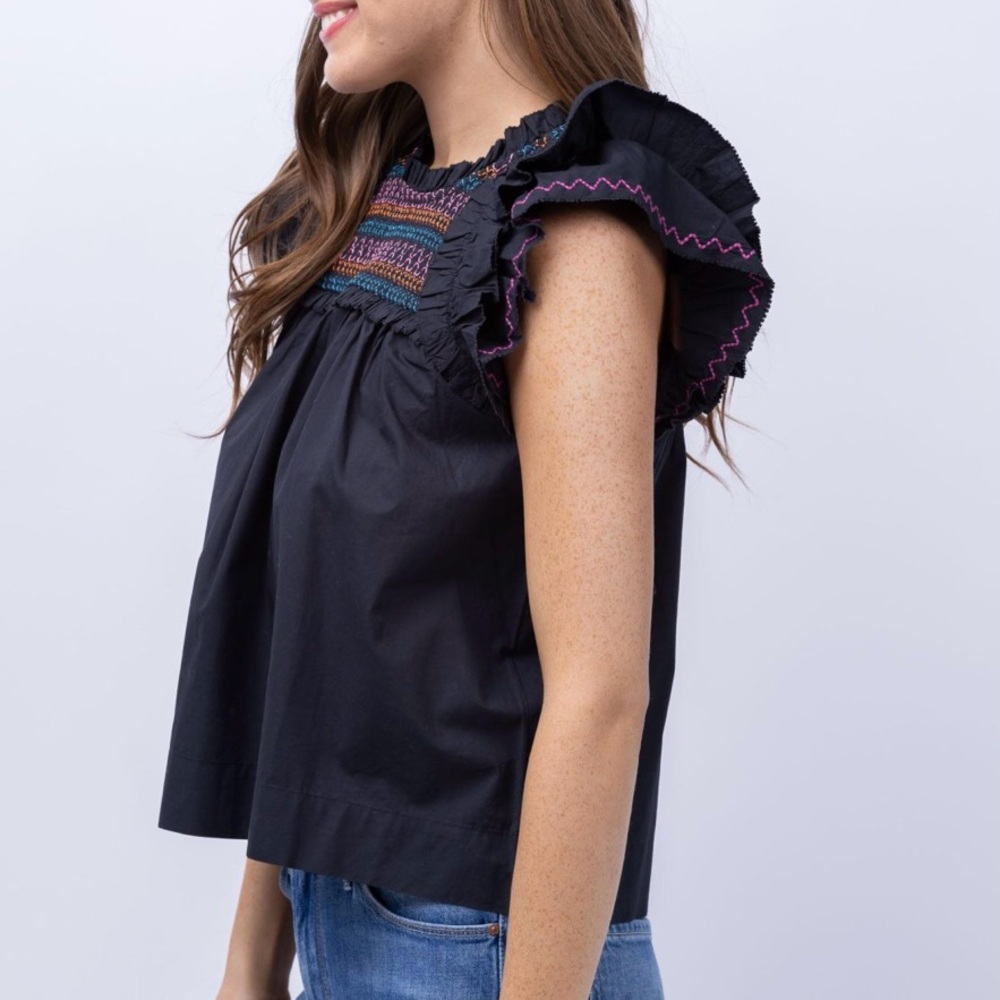 Love The Label Anthropologie Poppy top black multi size M - Picture 3 of 9